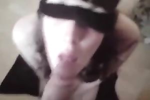 Blindfolded cute girlfriend gets a creamy load of facial cum
