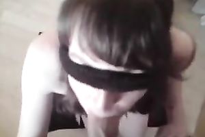 Blindfolded cute girlfriend gets a creamy load of facial cum