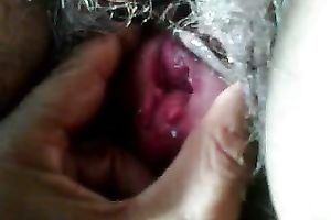 My wife's hirsute snatch is disgusting but I love playing with her bawdy cleft