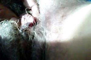 My wife's hirsute snatch is disgusting but I love playing with her bawdy cleft