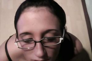 Nerdy wifey sucks my wang with excitement until I cum all over her face