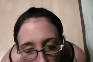 Nerdy wifey sucks my wang with excitement until I cum all over her face