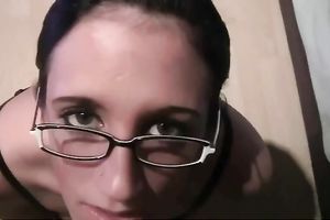Nerdy wifey sucks my wang with excitement until I cum all over her face
