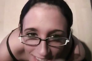 Nerdy wifey sucks my wang with excitement until I cum all over her face