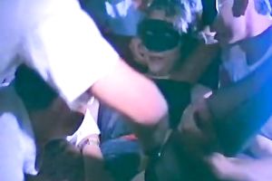 Horny brunette hair doxy in mask receive gang team-fucked by multiple studs