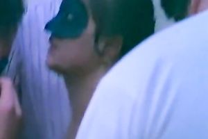 Horny brunette hair doxy in mask receive gang team-fucked by multiple studs