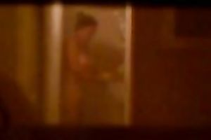 Caught my hot female guest with giant bazookas taking a shower