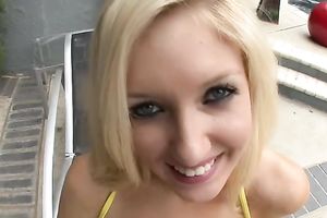 Sassy golden-haired babe bows hard knob and rubs her wet crack