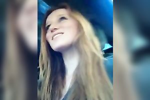 My cute golden-haired GF flashes her natural bazookas in a car