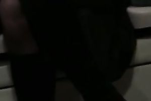 My paramour wearing stockings flashes her slit in a bus
