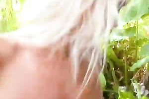 Slim golden-haired playgirl receives her cookie slammed in outdoor Male+Male+Female clip