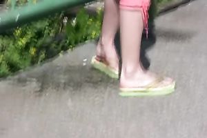 Sweetheart in pink panties stood in public and made herself wet