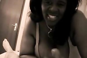 Huge-breasted ebon mamma enjoys playing with my pecker in POV video