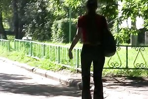 Pees fetish outdoor movie with long-haired dark brown Olga