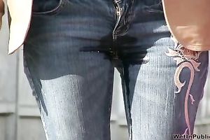 Sexy dilettante brunette black cock sluts walks down the street and pees