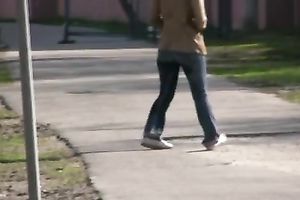Sexy dilettante brunette black cock sluts walks down the street and pees