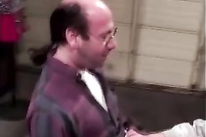 Mature golden-haired lets a nerd play with her slit after working on his cock