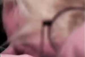 Mature golden-haired lets a nerd play with her slit after working on his cock