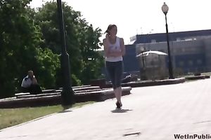 Lovely Russian redhead youthful playgirl in hot constricted leggins receives moist in public