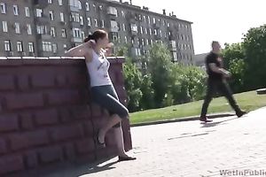 Lovely Russian redhead youthful playgirl in hot constricted leggins receives moist in public