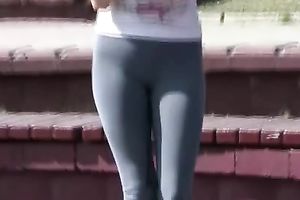 Lovely Russian redhead youthful playgirl in hot constricted leggins receives moist in public