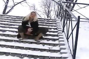 My perverted golden-haired dirty slut wife stuffs her holes with toys in the street