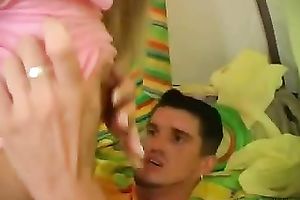 Charming golden-haired amateur wife in knee socks rides hard ramrod with her tight cum-hole