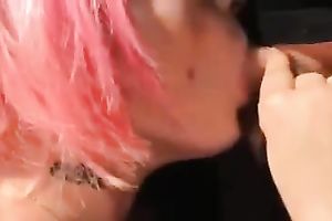 Pink-haired hussy blows and receives cum on her natural milk sacks
