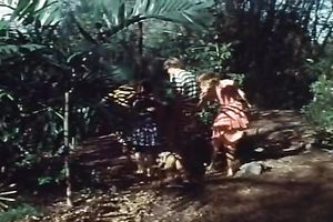 Retro sex scene with dudes having some adventures in a forest