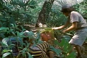 Retro sex scene with dudes having some adventures in a forest