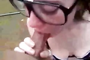 POV scene with a dark brown hussy engulfing my boner in the yard