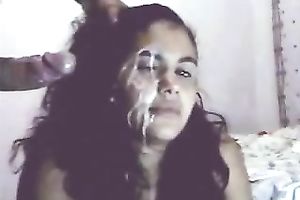 Playful brunette hair Brazilian legal age teenager chick acquires her face glazed with cum