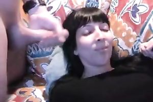 My dark brown white bitch sucks my shlong and receives a facial jizz flow