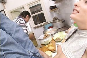 Lewd white women receives her asshole gangbanged unfathomable in the kitchen