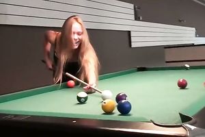 Captivating golden-haired plays pool and lets a fellow rub her holes