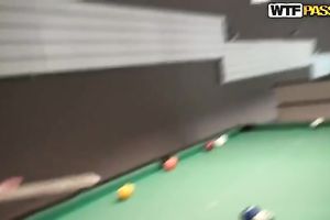 Captivating golden-haired plays pool and lets a fellow rub her holes