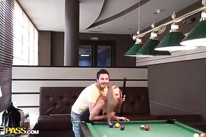 Captivating golden-haired plays pool and lets a fellow rub her holes