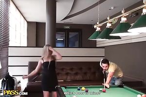 Captivating golden-haired plays pool and lets a fellow rub her holes