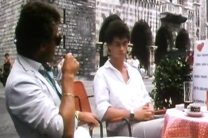 Retro blond in underware makes out with a guy and sucks his prick