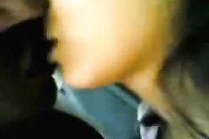 Pretty gal sucks her BF's wang in a car and lets him touch her love melons