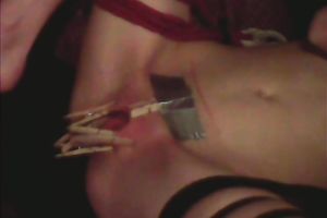 Clamps, sex toy and drubbing for my babe's puffy fur pie