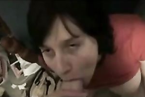 Brunette milf sucks my manhood untill this babe acquires a mouthful of cum