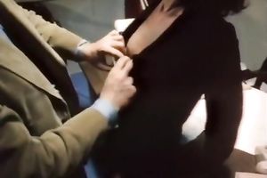 Lovely classic dark brown office wife bonks on the desk