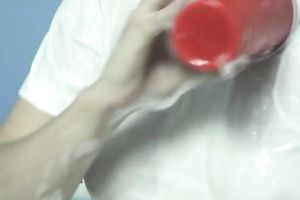 Hot dilettante whore enjoys pouring syrups on her in nature's garb body