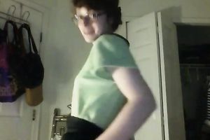 Lustful four eyed wonk takes off clothes on a camera