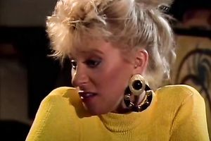 Sexy golden-haired chick sucks two hard dongs deepthroat. Male+Male+Female