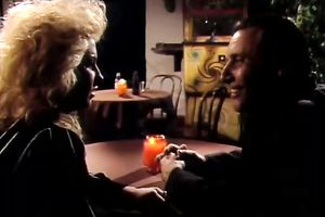 Sexy golden-haired chick sucks two hard dongs deepthroat. Male+Male+Female