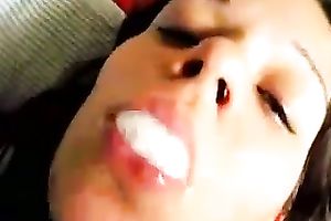 My depraved dark brown GF enjoys my saliva in her throat