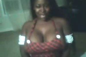 Outrageous brunette hair ebon hottie with large bubble tits