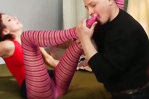 Skanky Russian playgirl makes her paramour take up with the tongue her pussy trough her hose